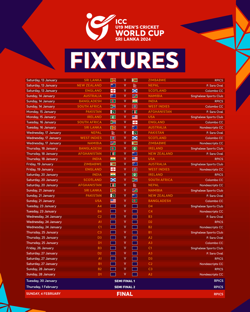 U19 CWC24 Full Fixture list