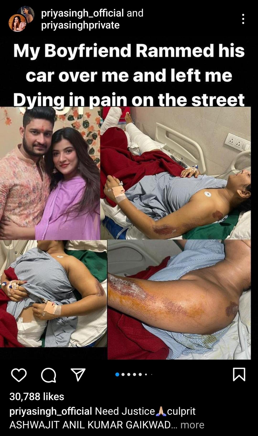 Priya Singh in hospital instagram post